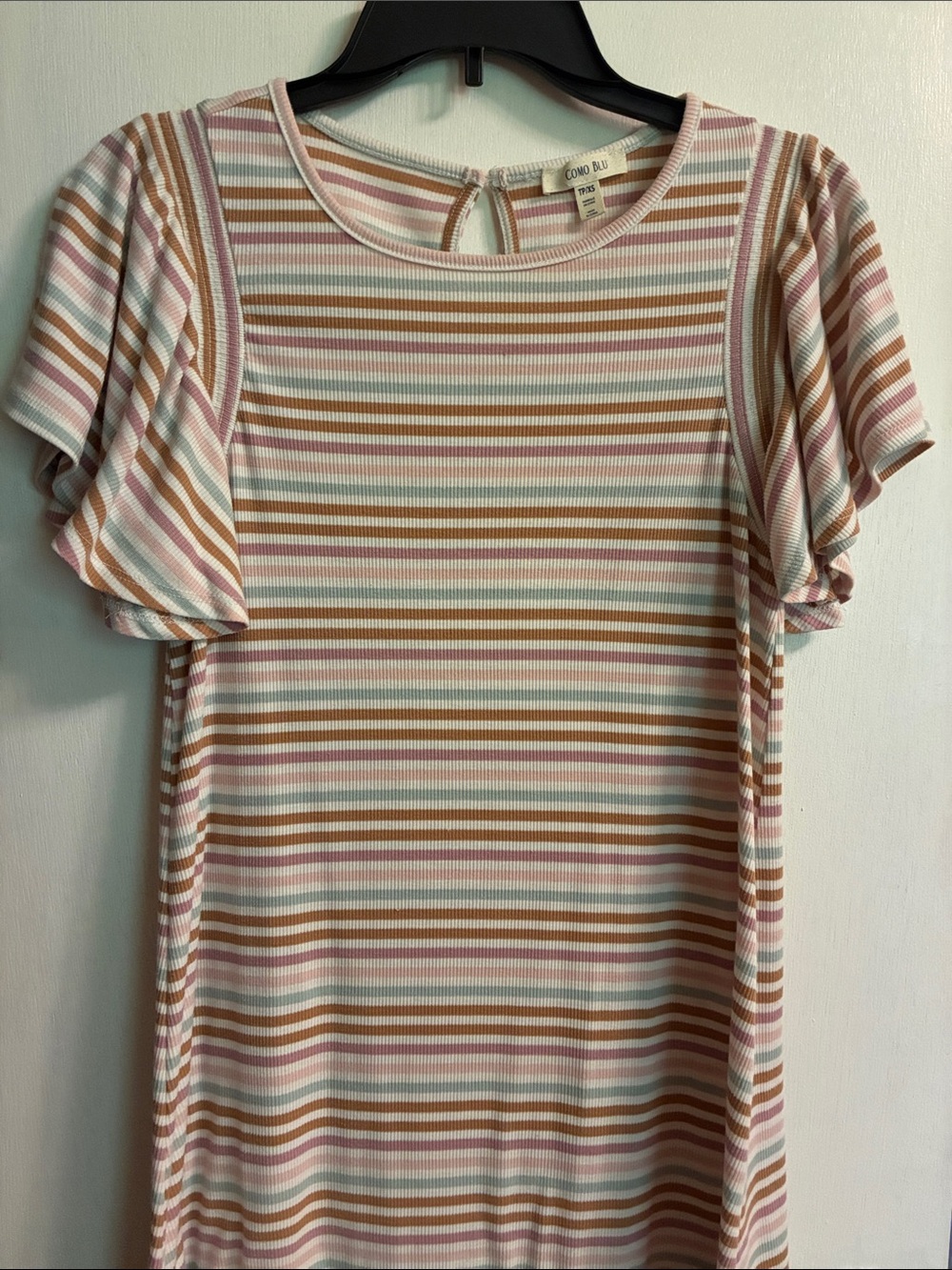Ribbed Stripe Flutter Sleeve Dress Tee - Pink, Tan & Cream